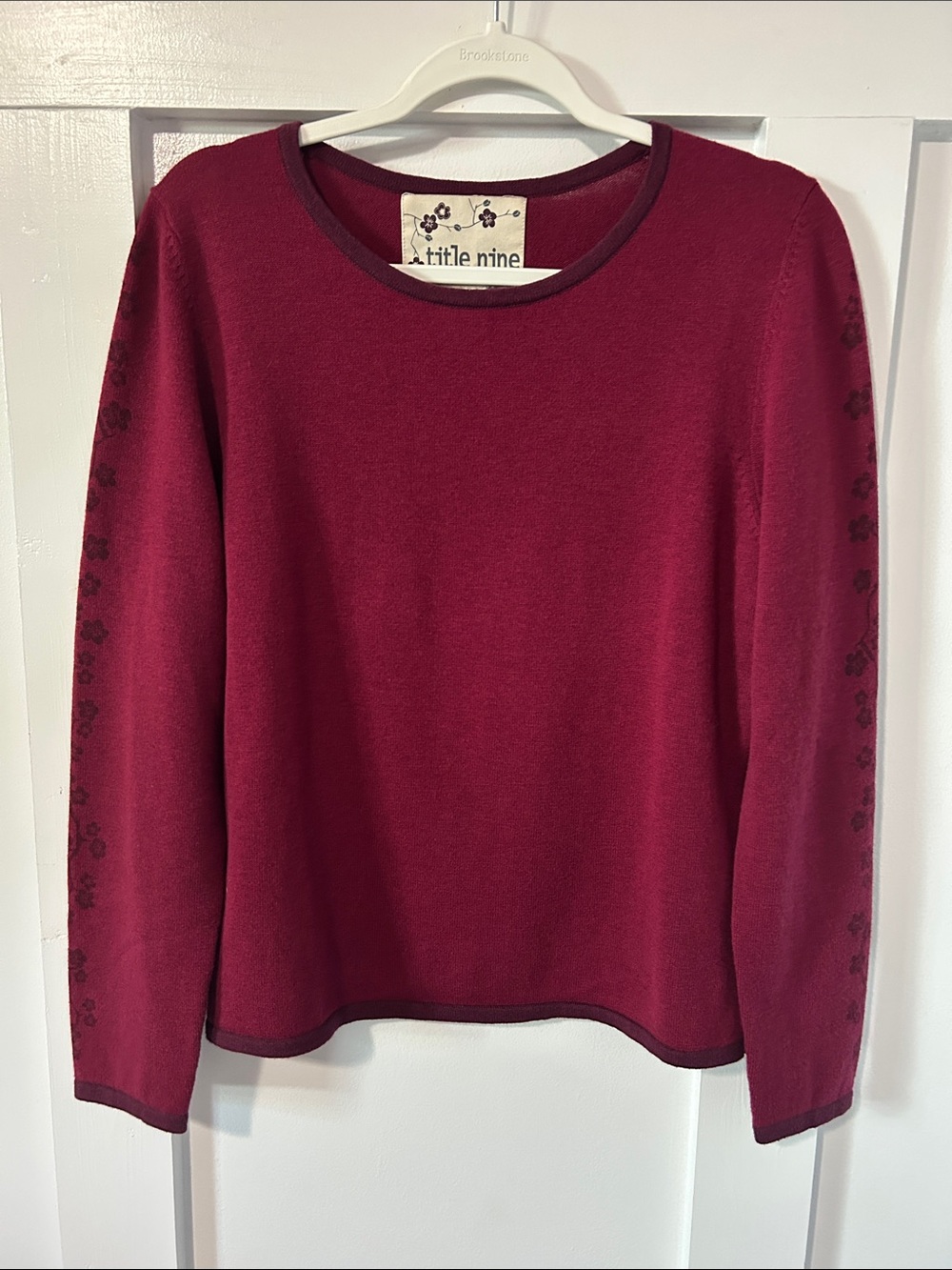 Title Nine Merino Wool Cotton Wine Red Crewneck Sweater Flower Detail Medium